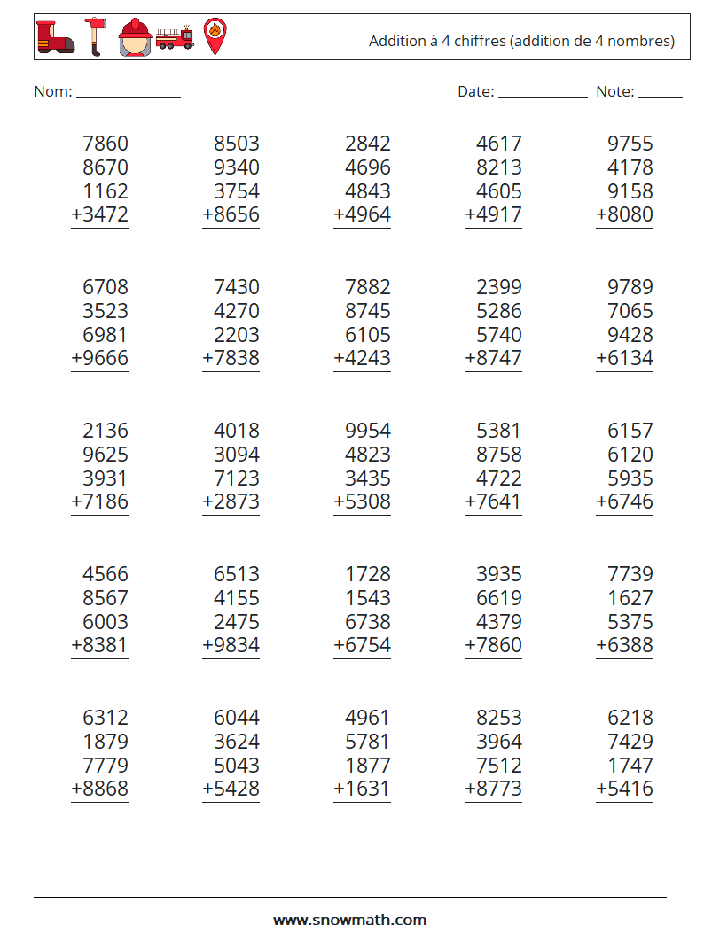 (25) Addition à 4 chiffres (addition de 4 nombres) Fiches d'Exercices de Mathématiques 12