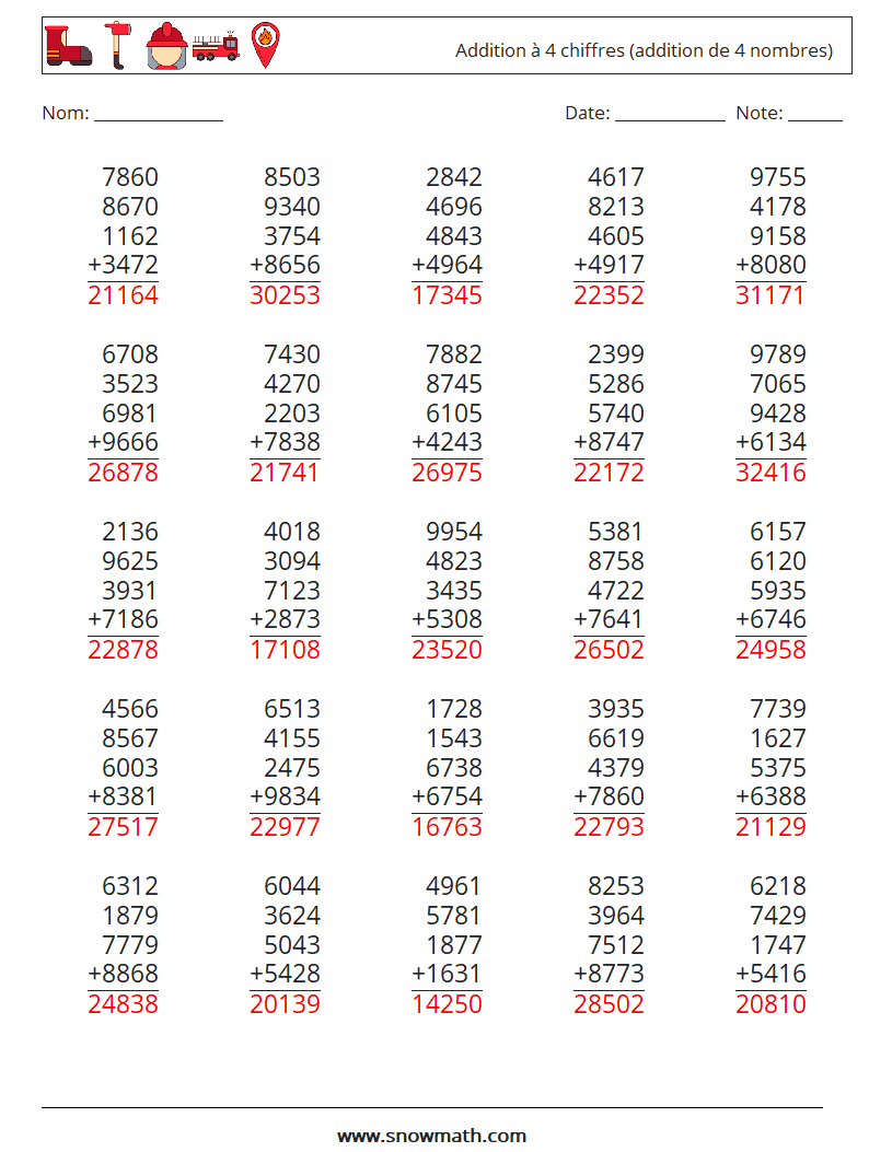(25) Addition à 4 chiffres (addition de 4 nombres) Fiches d'Exercices de Mathématiques 12 Question, Réponse