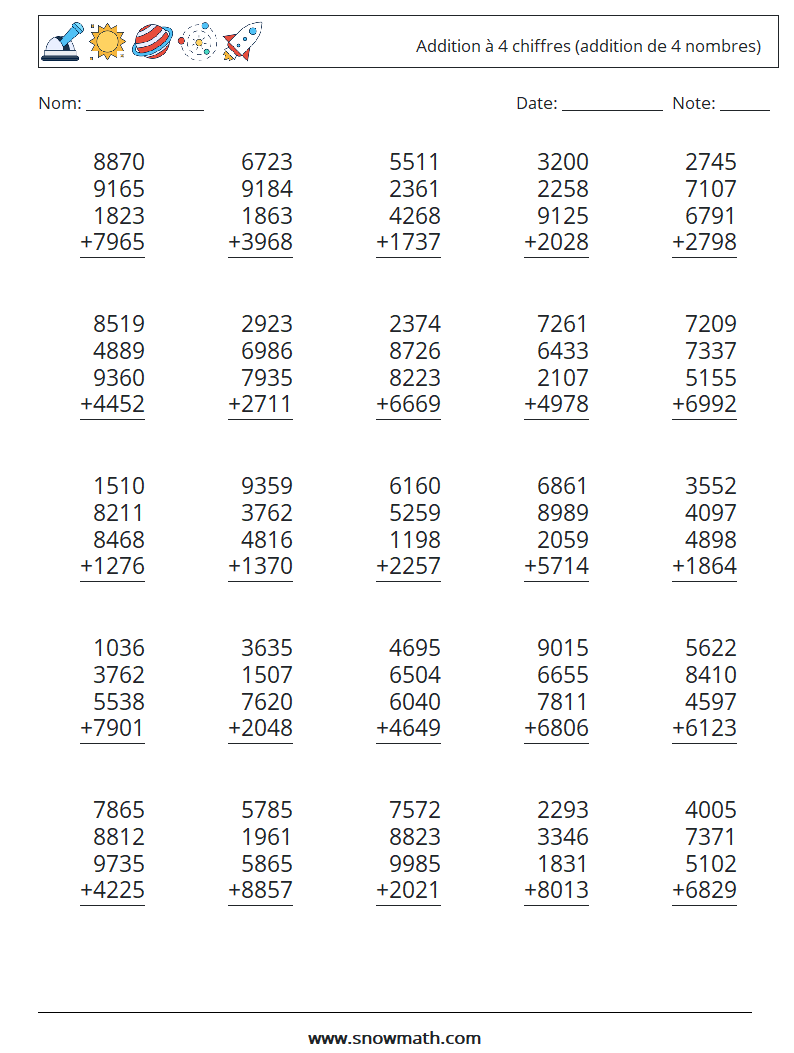 (25) Addition à 4 chiffres (addition de 4 nombres) Fiches d'Exercices de Mathématiques 13