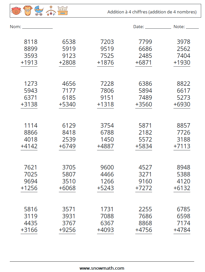 (25) Addition à 4 chiffres (addition de 4 nombres) Fiches d'Exercices de Mathématiques 14