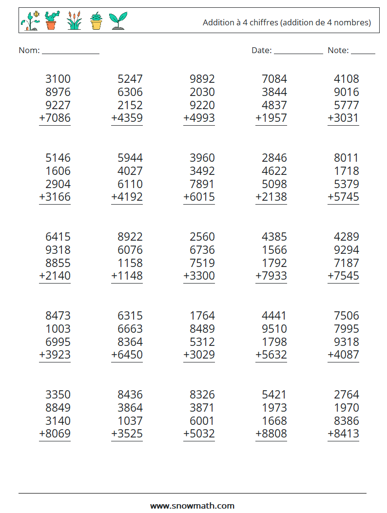 (25) Addition à 4 chiffres (addition de 4 nombres) Fiches d'Exercices de Mathématiques 15
