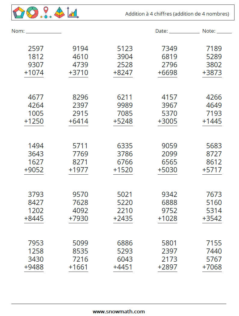 (25) Addition à 4 chiffres (addition de 4 nombres) Fiches d'Exercices de Mathématiques 17