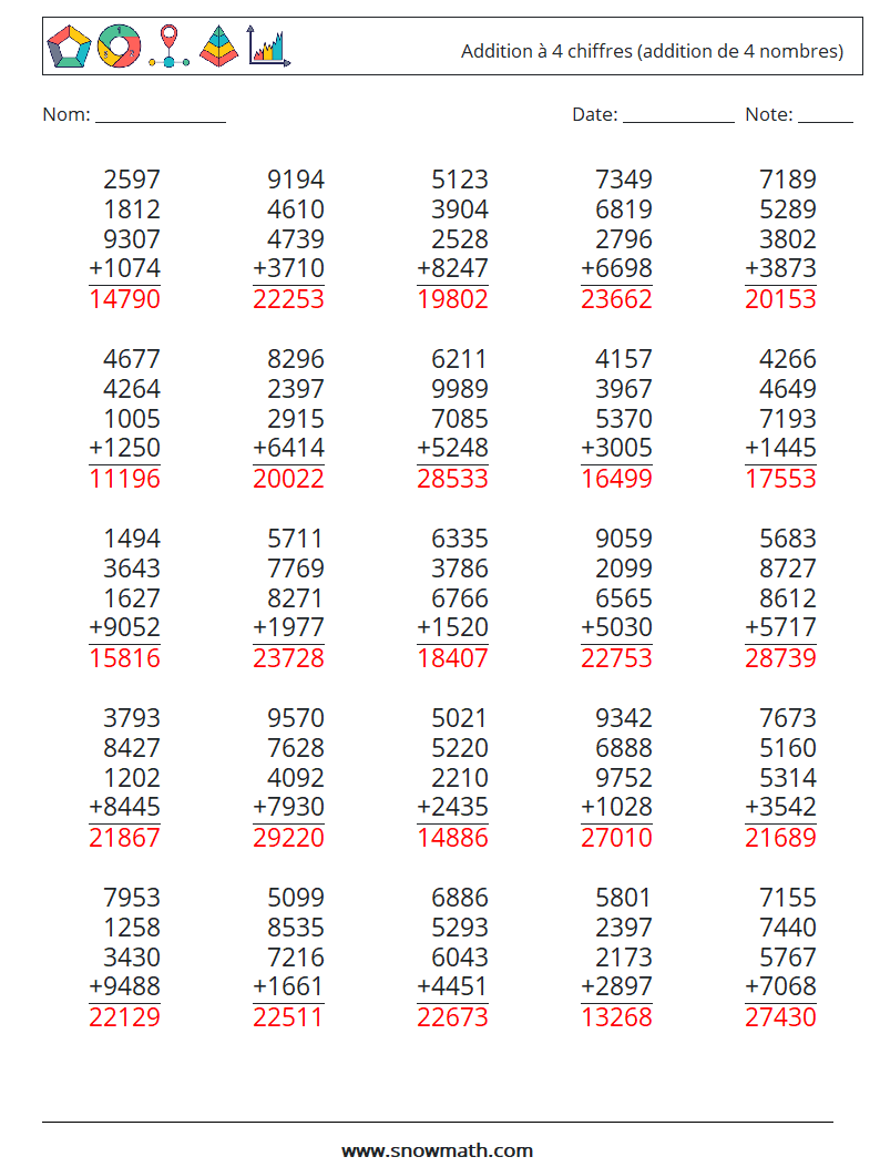(25) Addition à 4 chiffres (addition de 4 nombres) Fiches d'Exercices de Mathématiques 17 Question, Réponse