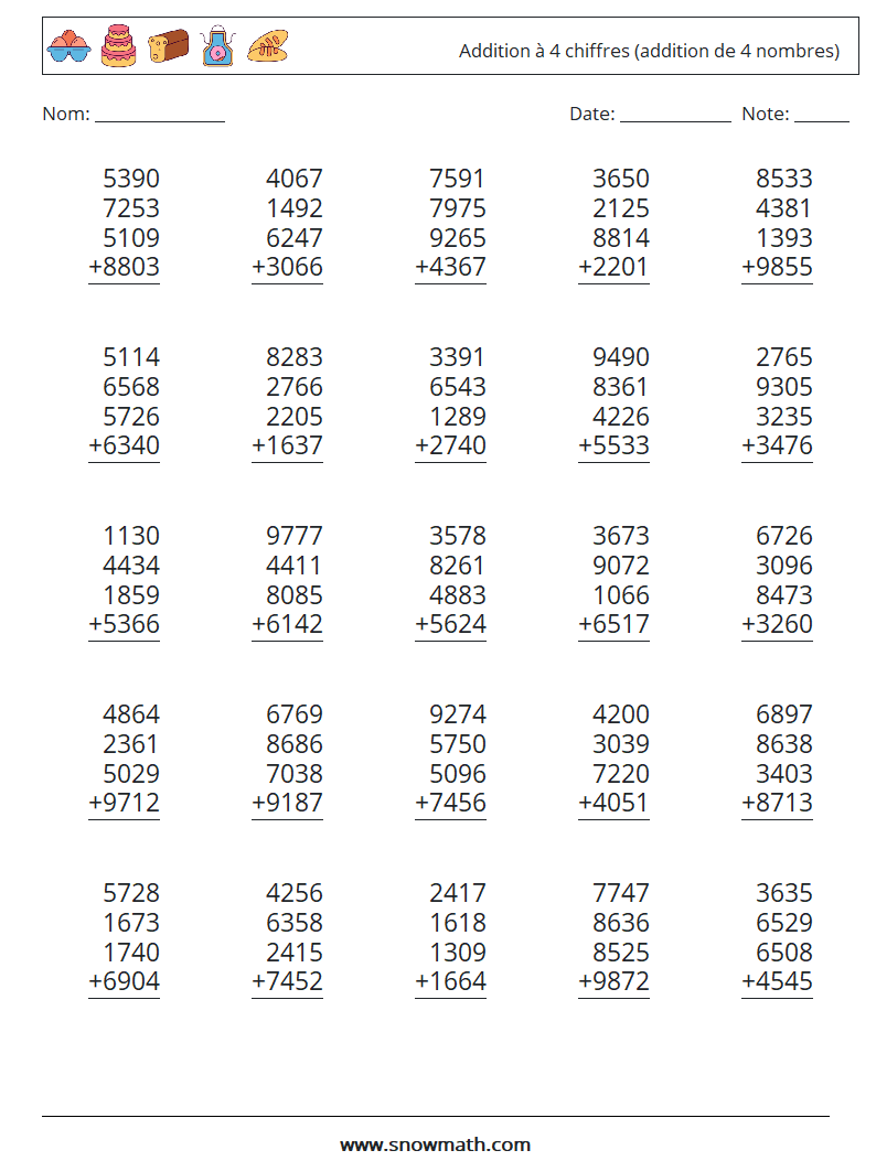 (25) Addition à 4 chiffres (addition de 4 nombres) Fiches d'Exercices de Mathématiques 18