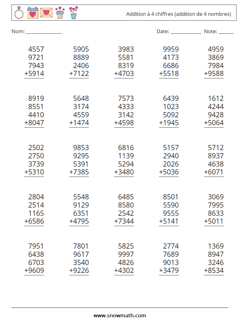 (25) Addition à 4 chiffres (addition de 4 nombres) Fiches d'Exercices de Mathématiques 2