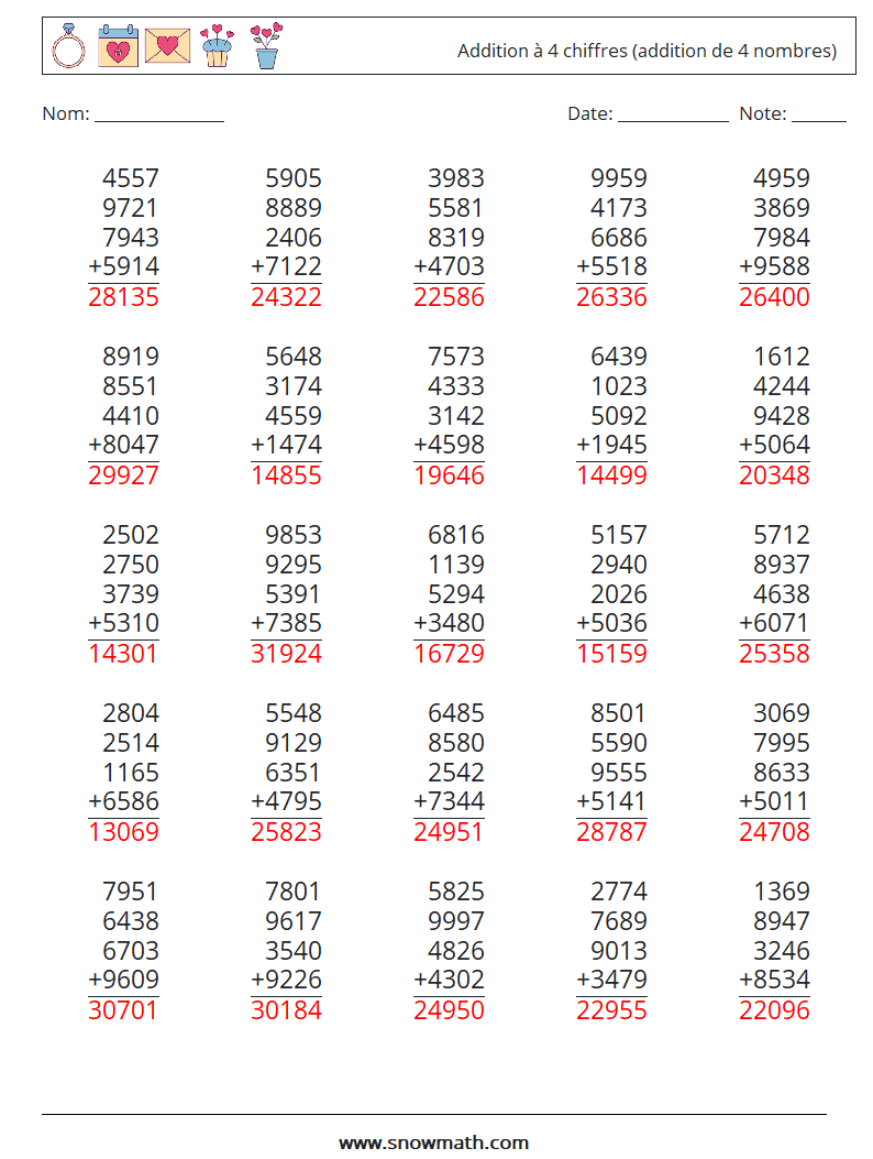 (25) Addition à 4 chiffres (addition de 4 nombres) Fiches d'Exercices de Mathématiques 2 Question, Réponse