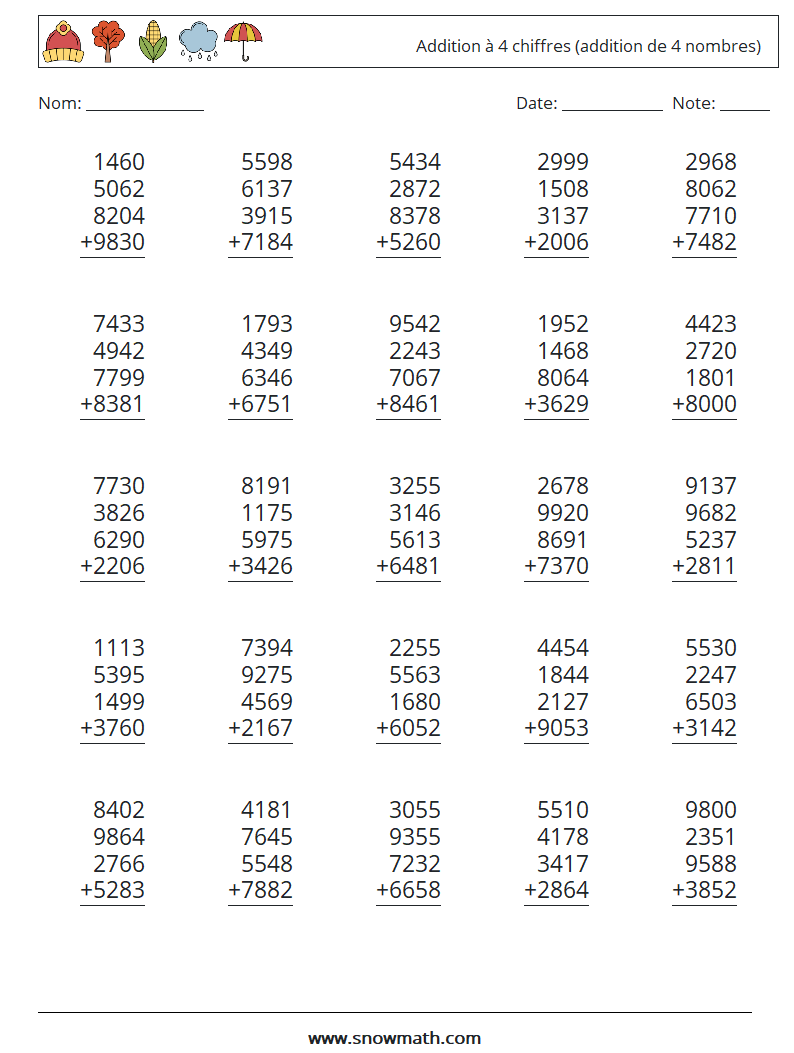 (25) Addition à 4 chiffres (addition de 4 nombres) Fiches d'Exercices de Mathématiques 4