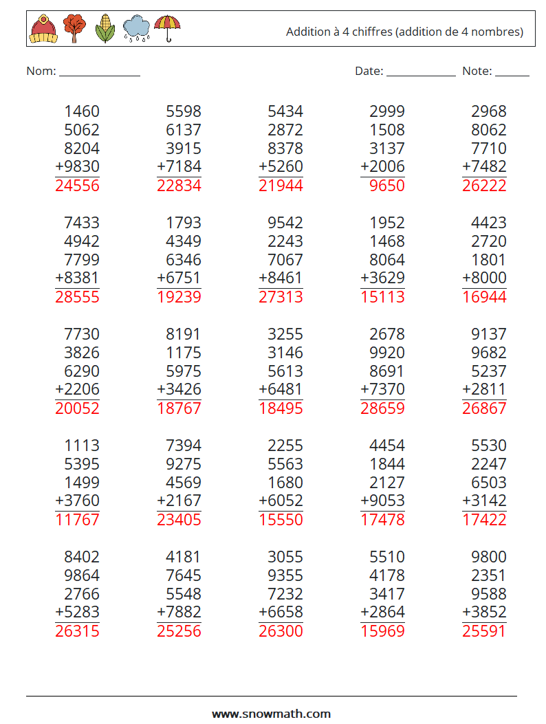 (25) Addition à 4 chiffres (addition de 4 nombres) Fiches d'Exercices de Mathématiques 4 Question, Réponse