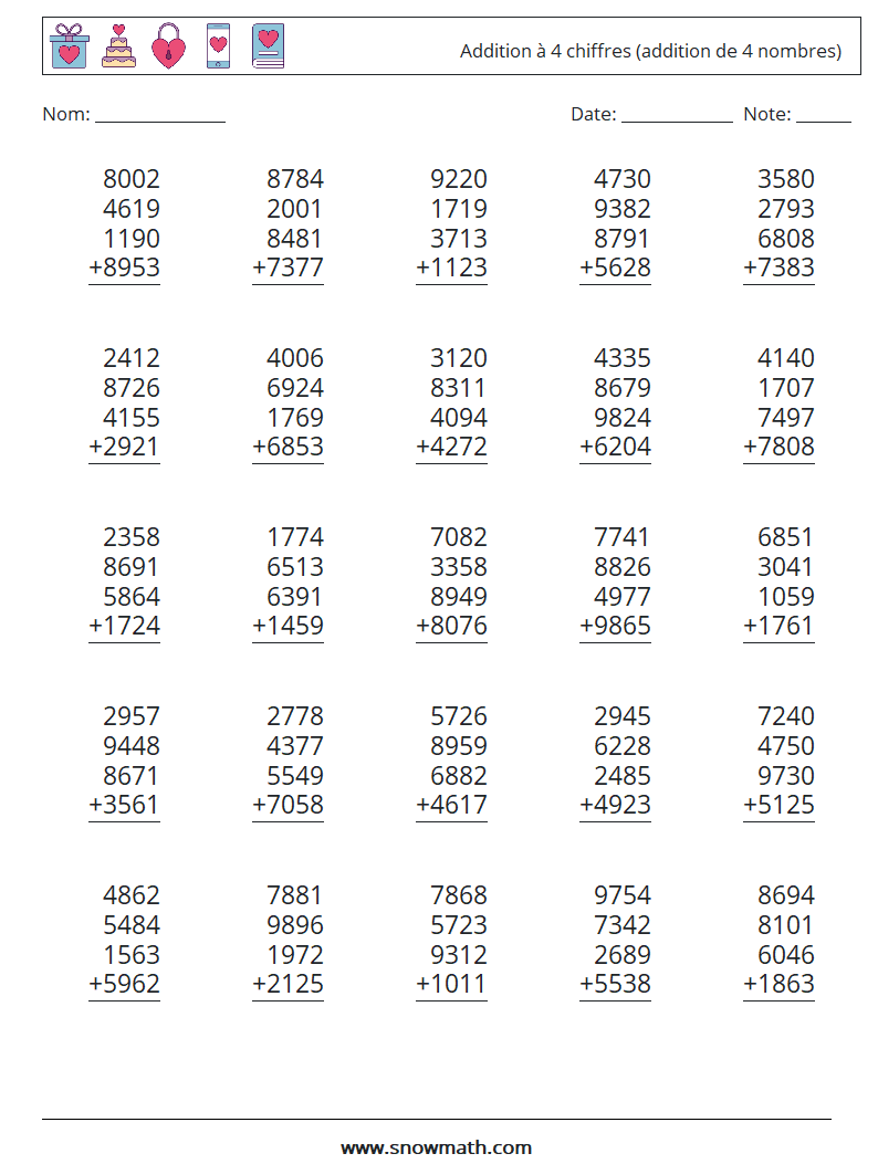 (25) Addition à 4 chiffres (addition de 4 nombres) Fiches d'Exercices de Mathématiques 5