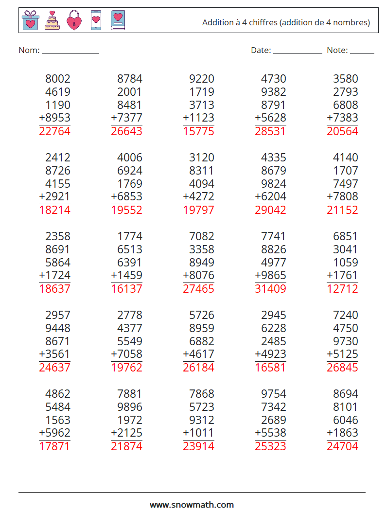 (25) Addition à 4 chiffres (addition de 4 nombres) Fiches d'Exercices de Mathématiques 5 Question, Réponse