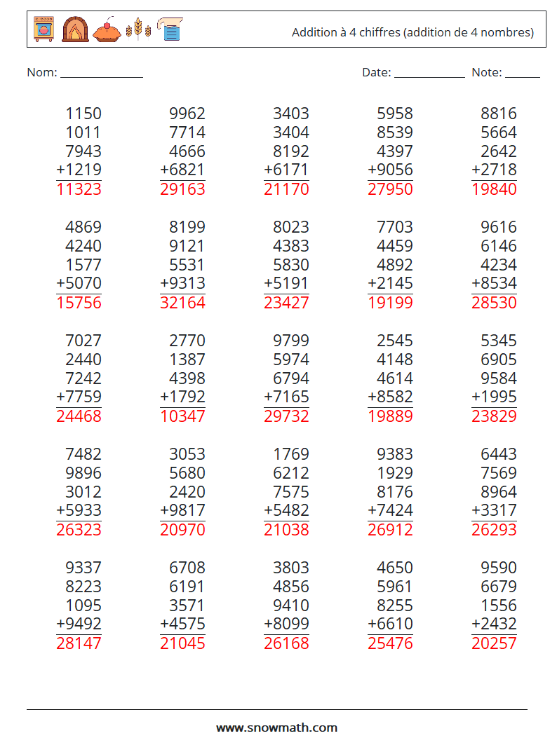 (25) Addition à 4 chiffres (addition de 4 nombres) Fiches d'Exercices de Mathématiques 6 Question, Réponse