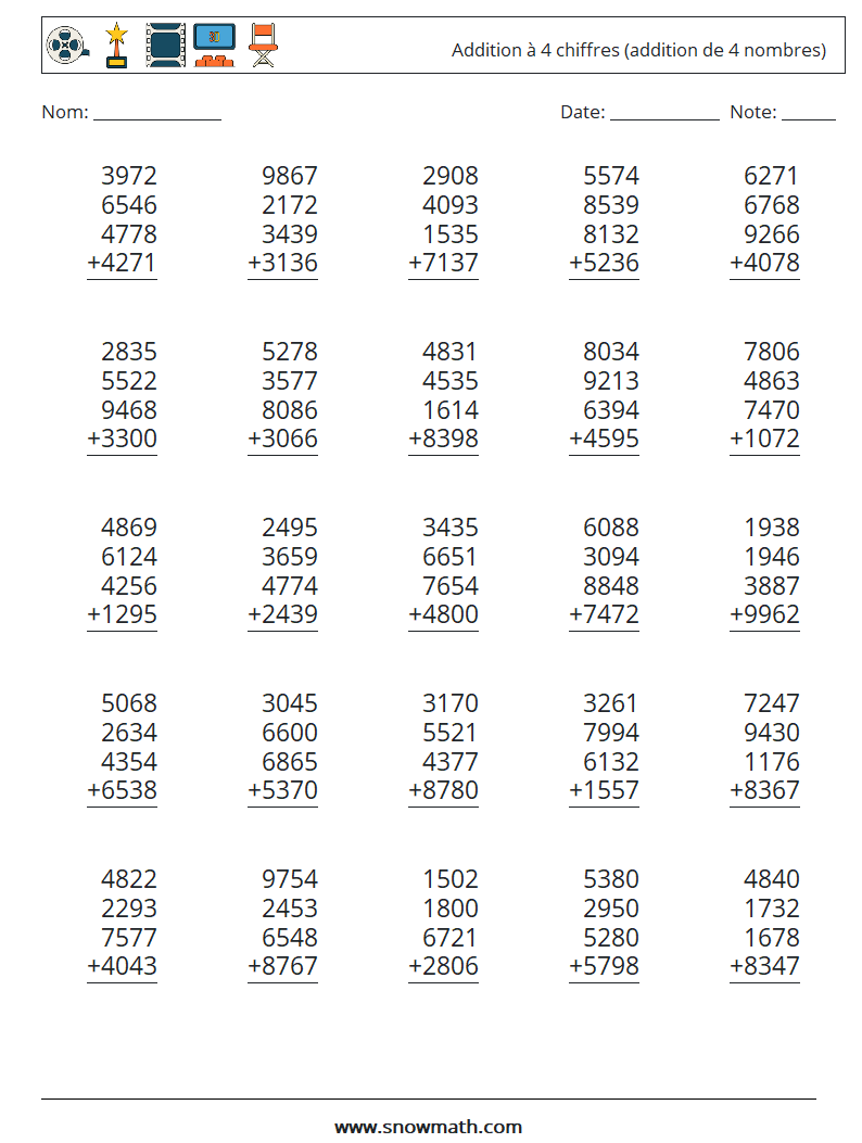 (25) Addition à 4 chiffres (addition de 4 nombres) Fiches d'Exercices de Mathématiques 7