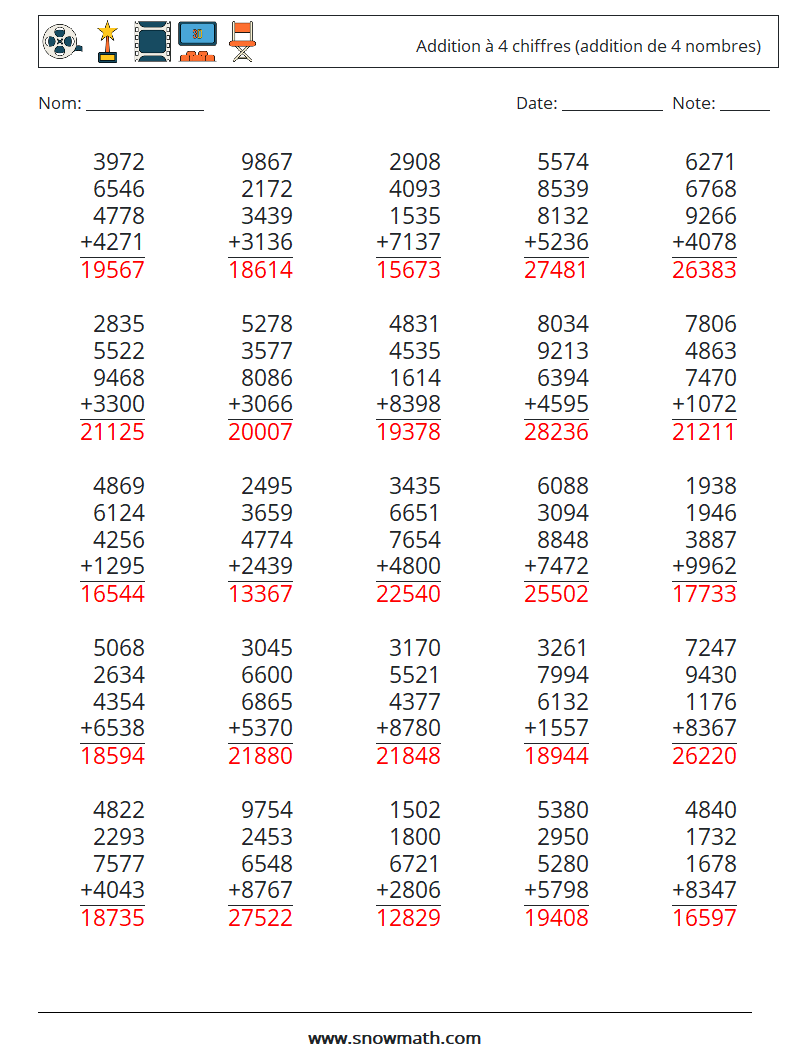 (25) Addition à 4 chiffres (addition de 4 nombres) Fiches d'Exercices de Mathématiques 7 Question, Réponse