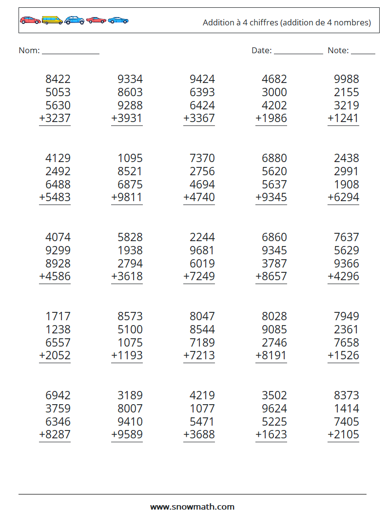 (25) Addition à 4 chiffres (addition de 4 nombres) Fiches d'Exercices de Mathématiques 8