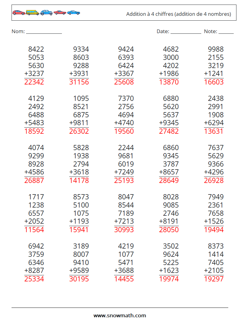 (25) Addition à 4 chiffres (addition de 4 nombres) Fiches d'Exercices de Mathématiques 8 Question, Réponse