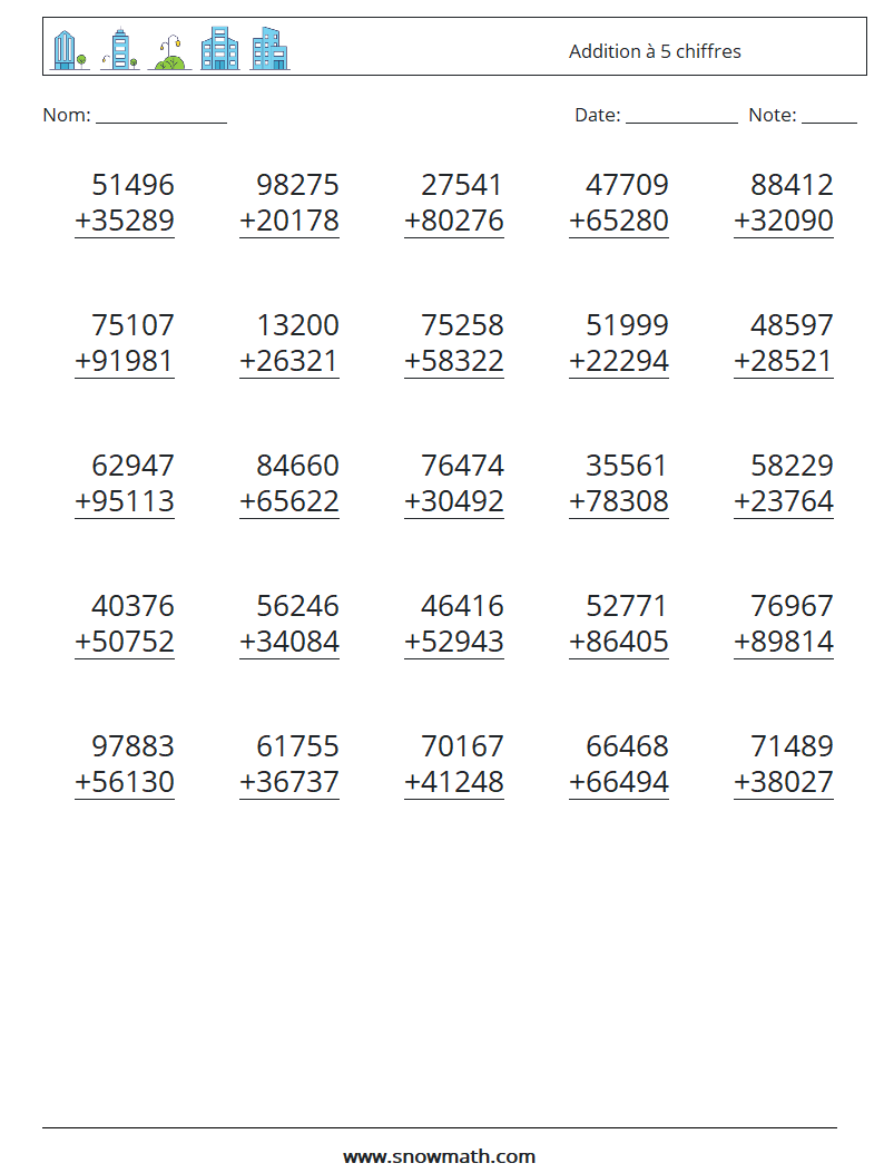 (25) Addition à 5 chiffres Fiches d'Exercices de Mathématiques 10