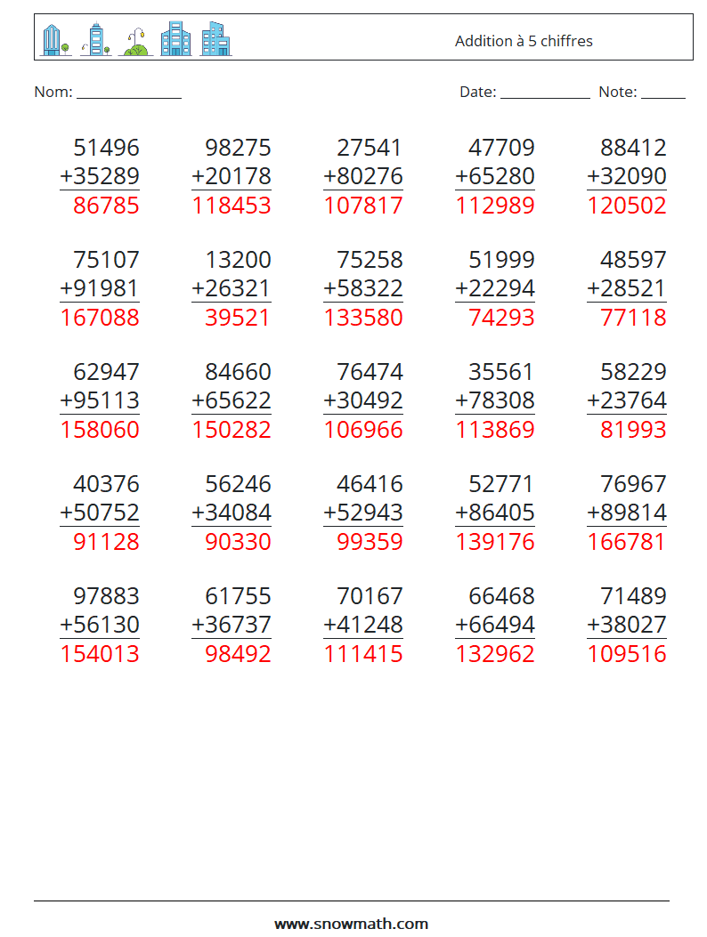 (25) Addition à 5 chiffres Fiches d'Exercices de Mathématiques 10 Question, Réponse