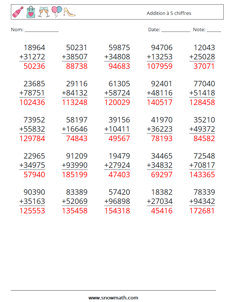 (25) Addition à 5 chiffres Fiches d'Exercices de Mathématiques 11 Question, Réponse