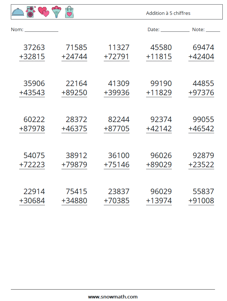 (25) Addition à 5 chiffres Fiches d'Exercices de Mathématiques 14