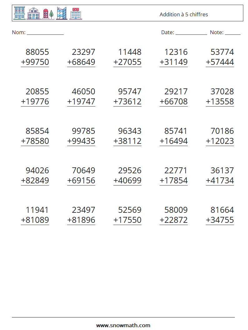 (25) Addition à 5 chiffres Fiches d'Exercices de Mathématiques 15