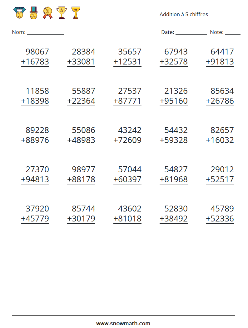 (25) Addition à 5 chiffres Fiches d'Exercices de Mathématiques 4