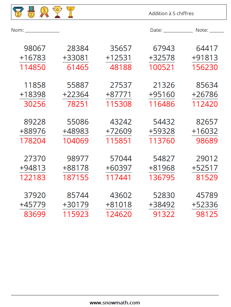 (25) Addition à 5 chiffres Fiches d'Exercices de Mathématiques 4 Question, Réponse