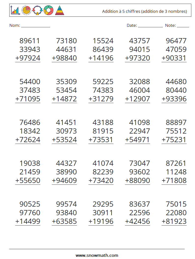 (25) Addition à 5 chiffres (addition de 3 nombres) Fiches d'Exercices de Mathématiques 10