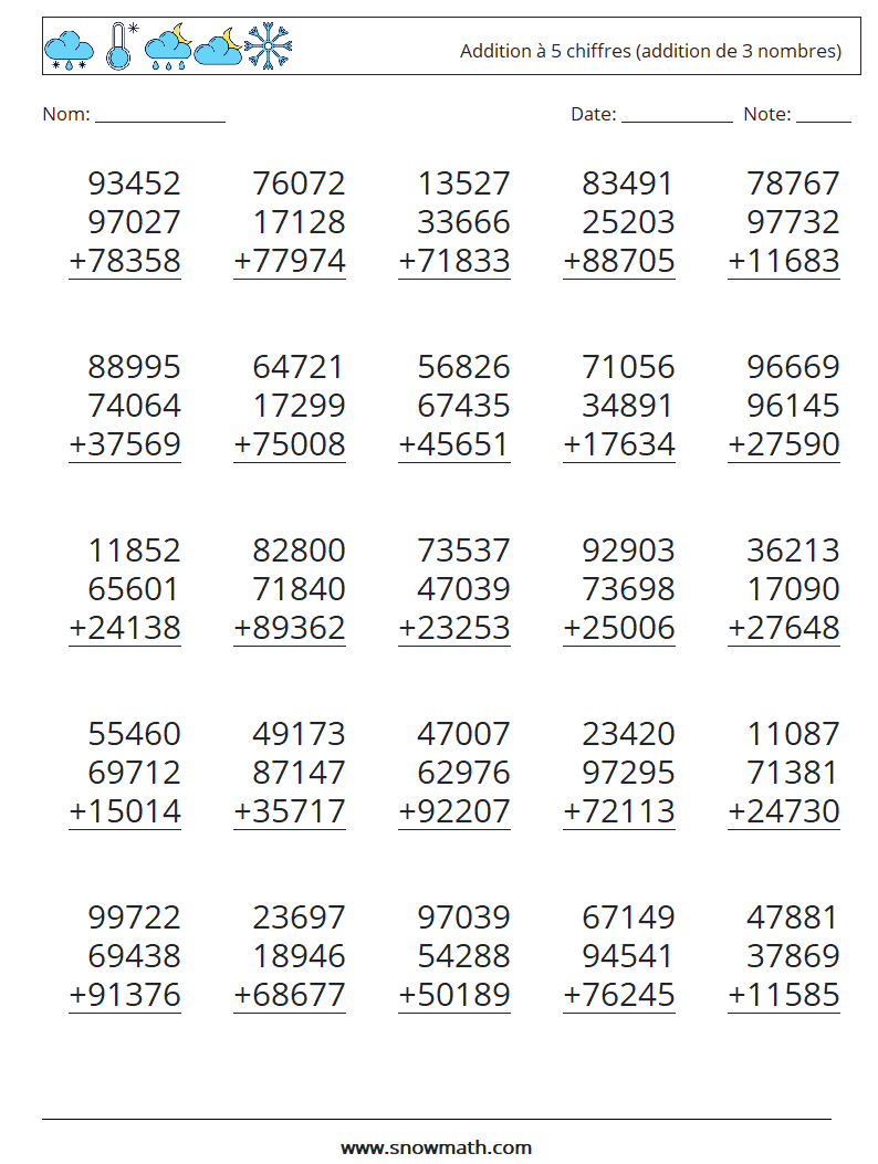 (25) Addition à 5 chiffres (addition de 3 nombres) Fiches d'Exercices de Mathématiques 11