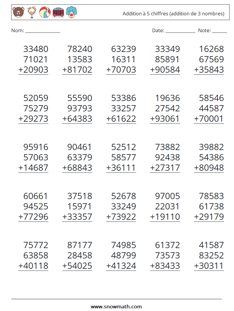 (25) Addition à 5 chiffres (addition de 3 nombres) Fiches d'Exercices de Mathématiques 12