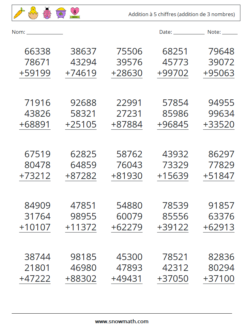 (25) Addition à 5 chiffres (addition de 3 nombres) Fiches d'Exercices de Mathématiques 13
