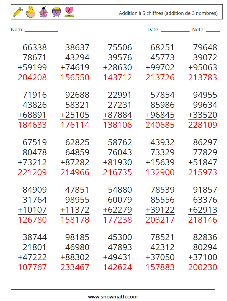 (25) Addition à 5 chiffres (addition de 3 nombres) Fiches d'Exercices de Mathématiques 13 Question, Réponse
