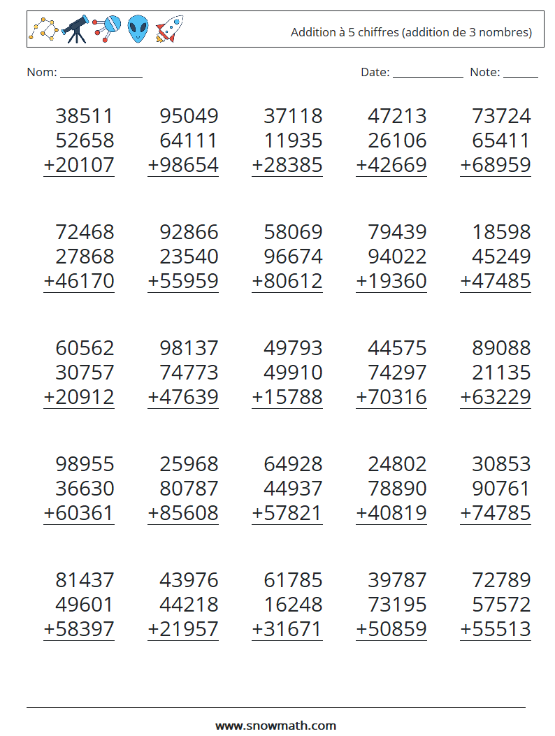 (25) Addition à 5 chiffres (addition de 3 nombres) Fiches d'Exercices de Mathématiques 14