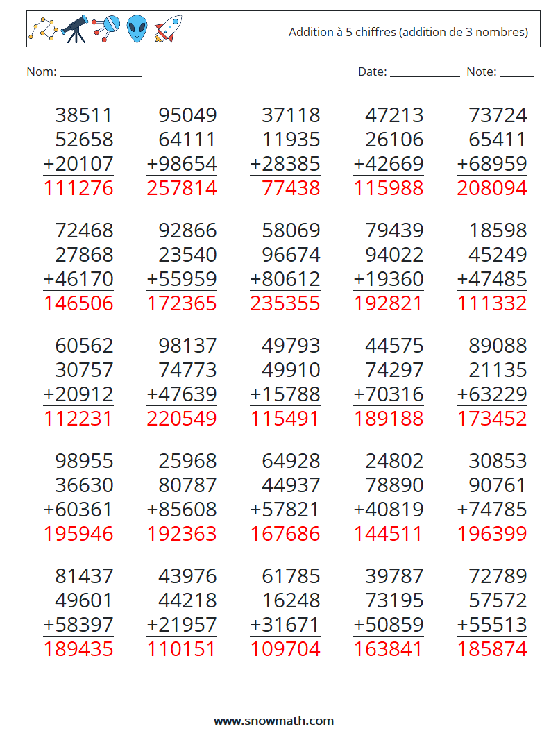 (25) Addition à 5 chiffres (addition de 3 nombres) Fiches d'Exercices de Mathématiques 14 Question, Réponse