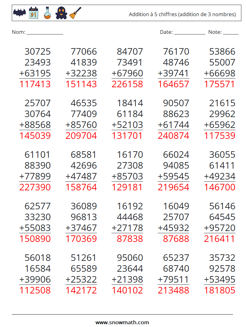 (25) Addition à 5 chiffres (addition de 3 nombres) Fiches d'Exercices de Mathématiques 15 Question, Réponse