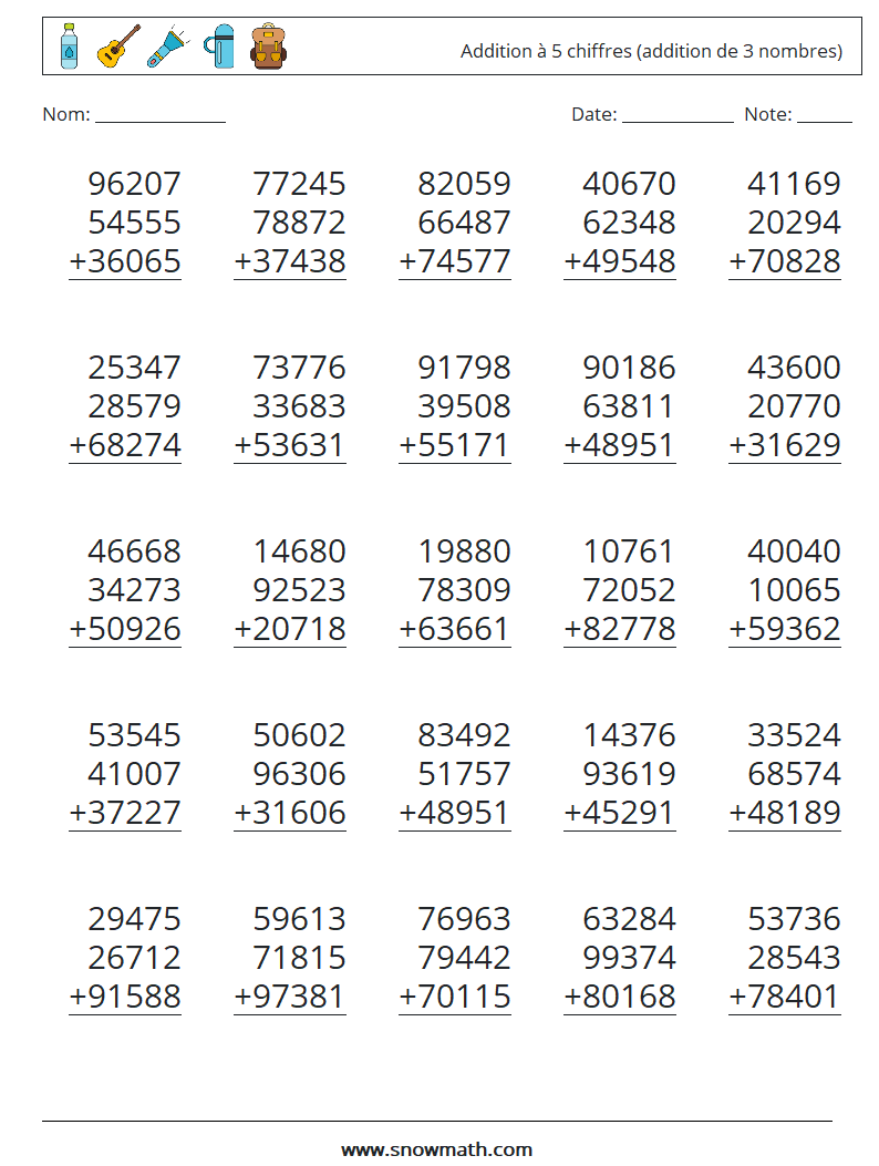 (25) Addition à 5 chiffres (addition de 3 nombres) Fiches d'Exercices de Mathématiques 16