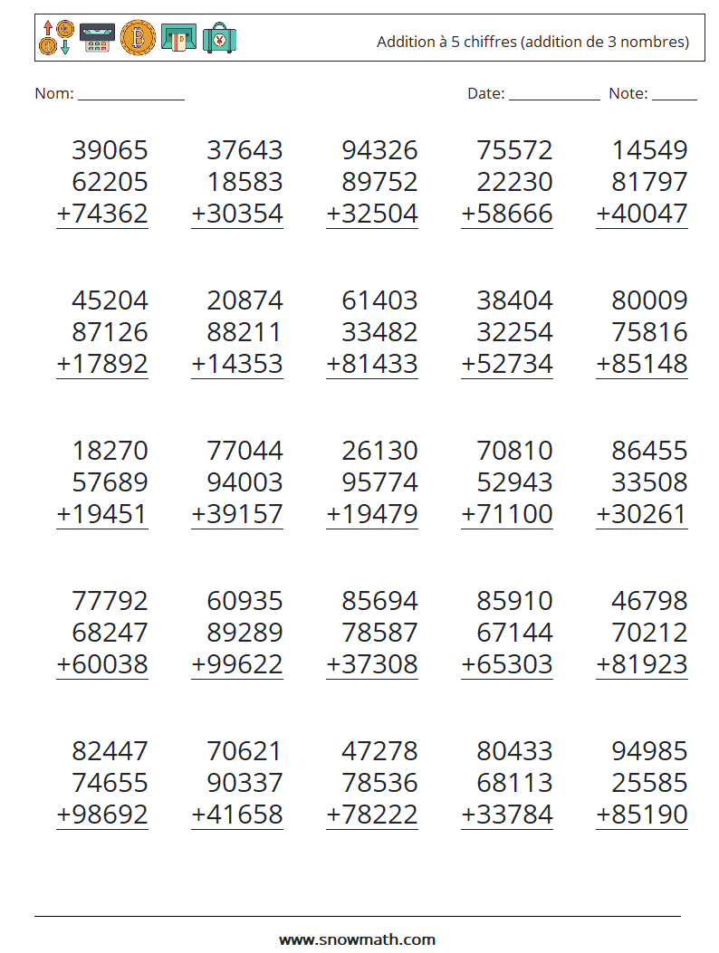 (25) Addition à 5 chiffres (addition de 3 nombres) Fiches d'Exercices de Mathématiques 17