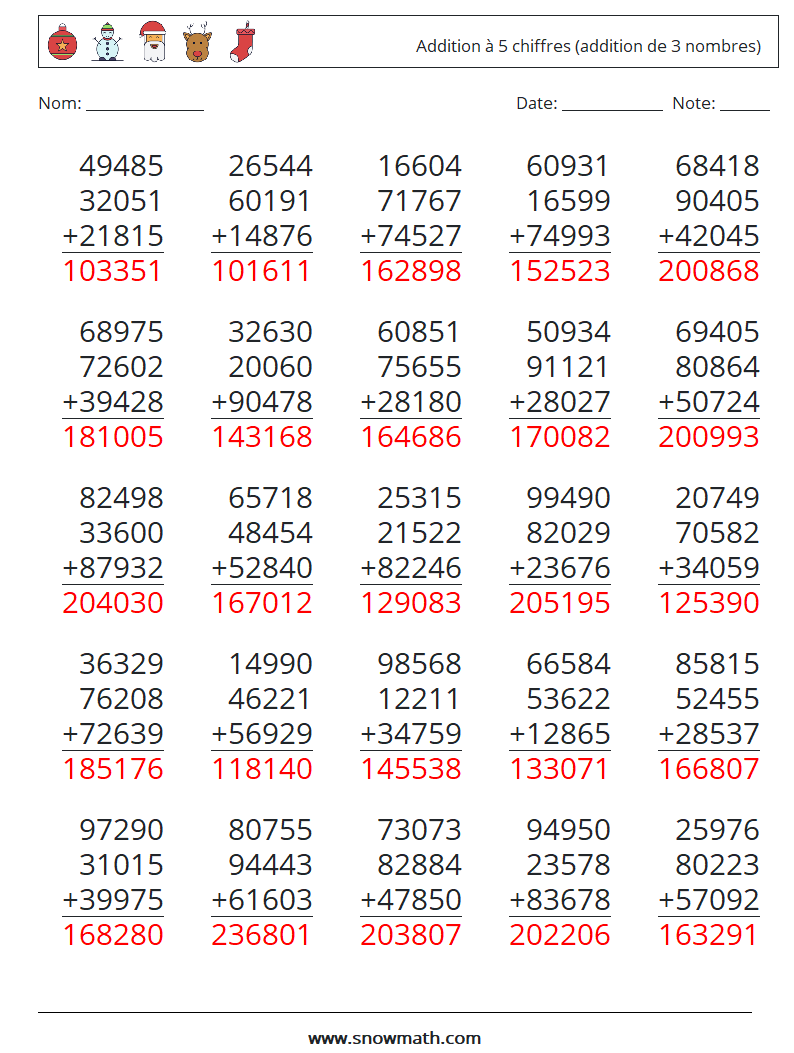 (25) Addition à 5 chiffres (addition de 3 nombres) Fiches d'Exercices de Mathématiques 18 Question, Réponse