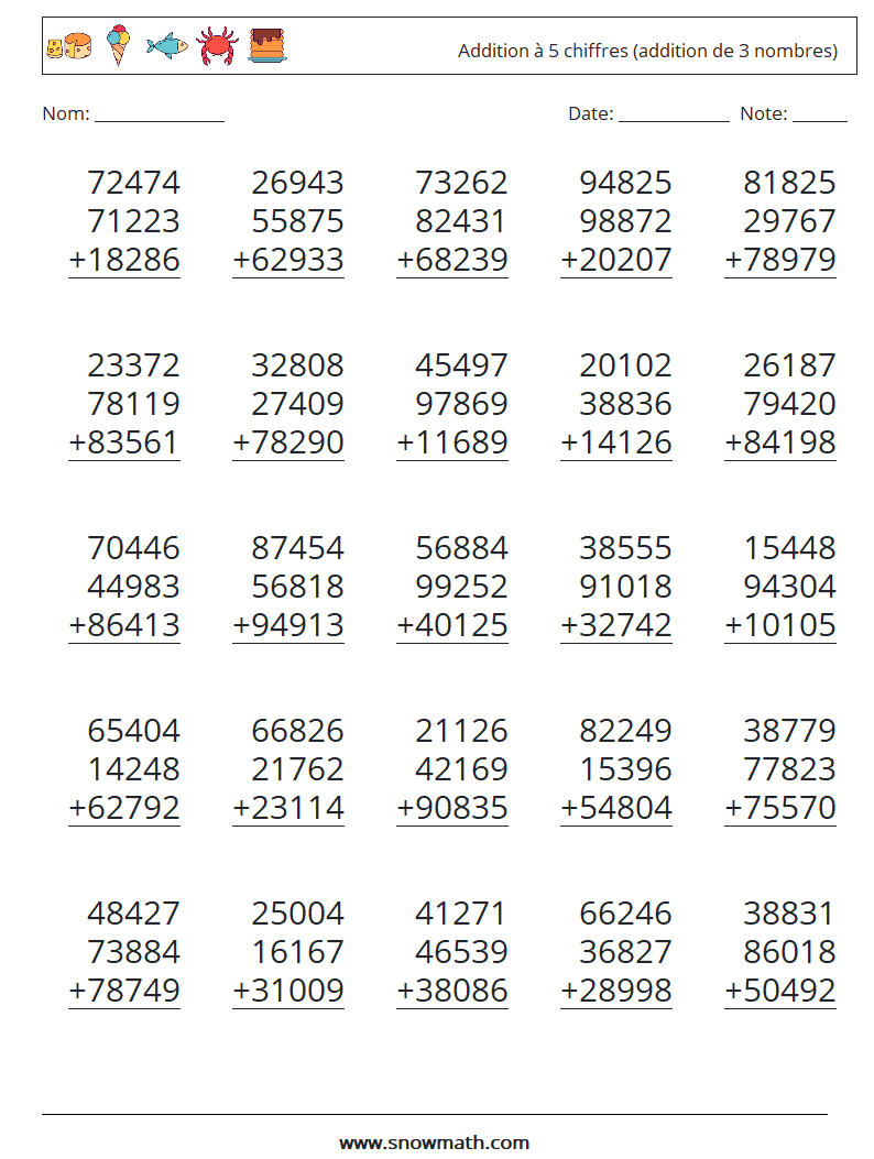 (25) Addition à 5 chiffres (addition de 3 nombres) Fiches d'Exercices de Mathématiques 2