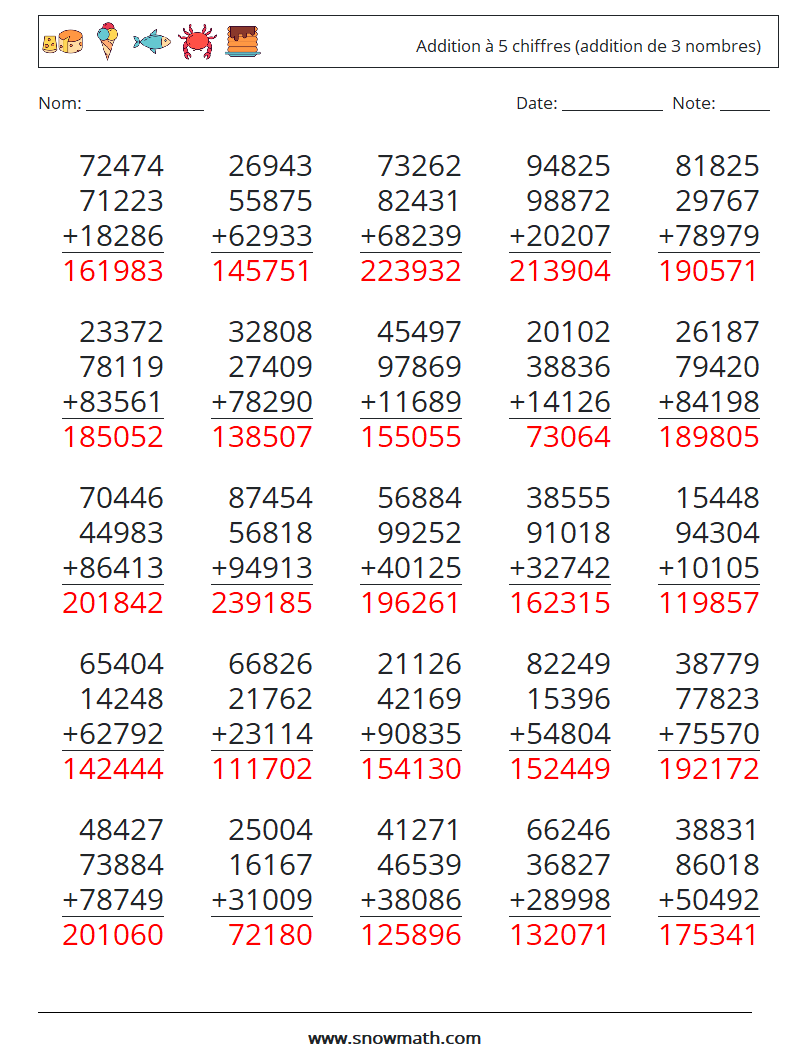 (25) Addition à 5 chiffres (addition de 3 nombres) Fiches d'Exercices de Mathématiques 2 Question, Réponse