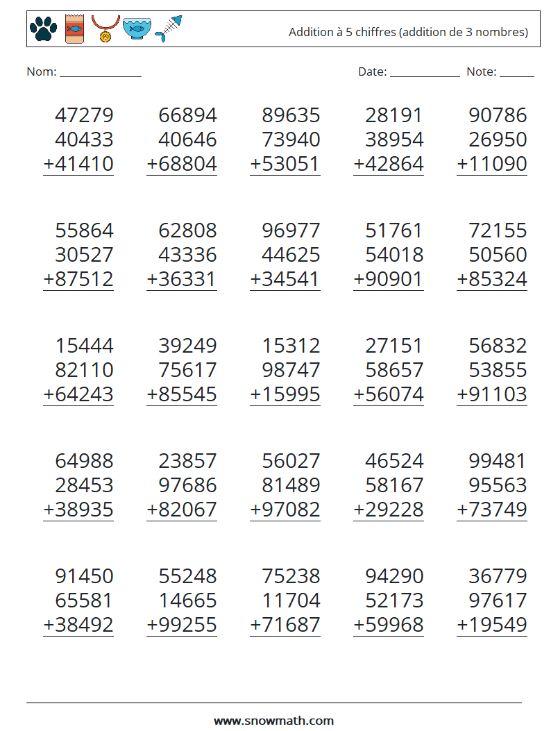 (25) Addition à 5 chiffres (addition de 3 nombres) Fiches d'Exercices de Mathématiques 4