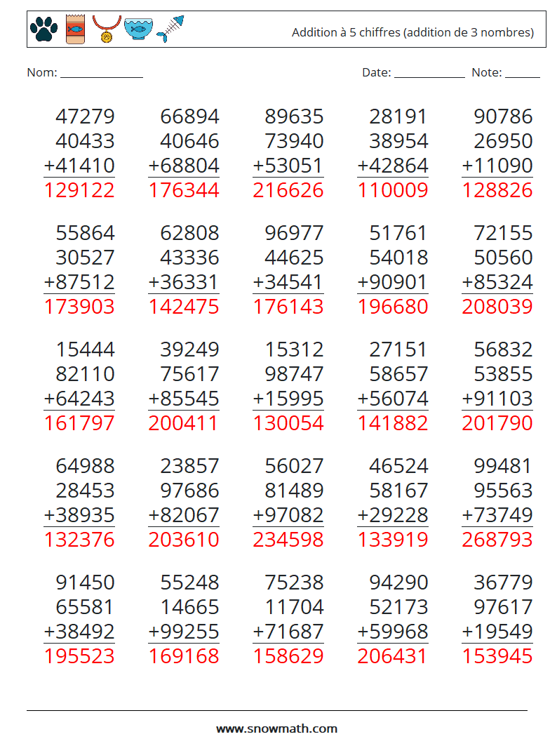 (25) Addition à 5 chiffres (addition de 3 nombres) Fiches d'Exercices de Mathématiques 4 Question, Réponse