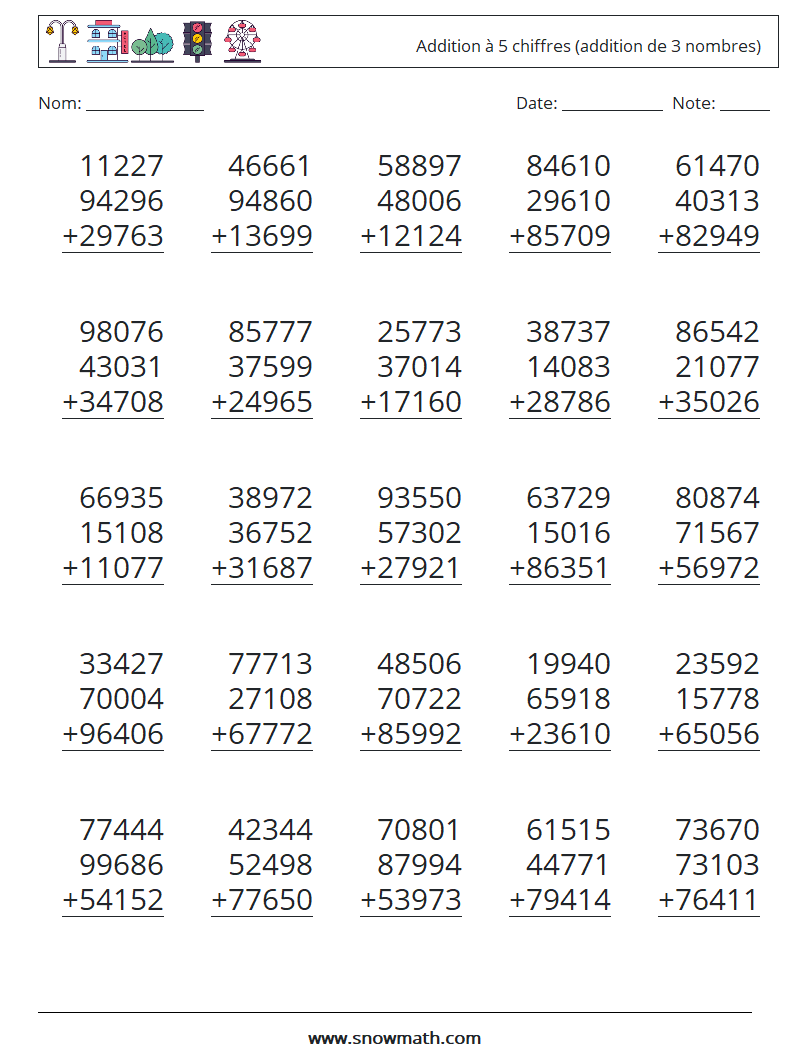 (25) Addition à 5 chiffres (addition de 3 nombres) Fiches d'Exercices de Mathématiques 5