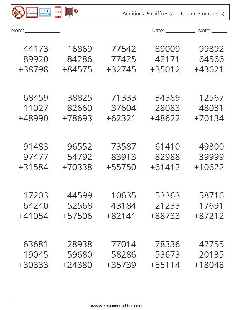 (25) Addition à 5 chiffres (addition de 3 nombres) Fiches d'Exercices de Mathématiques 6