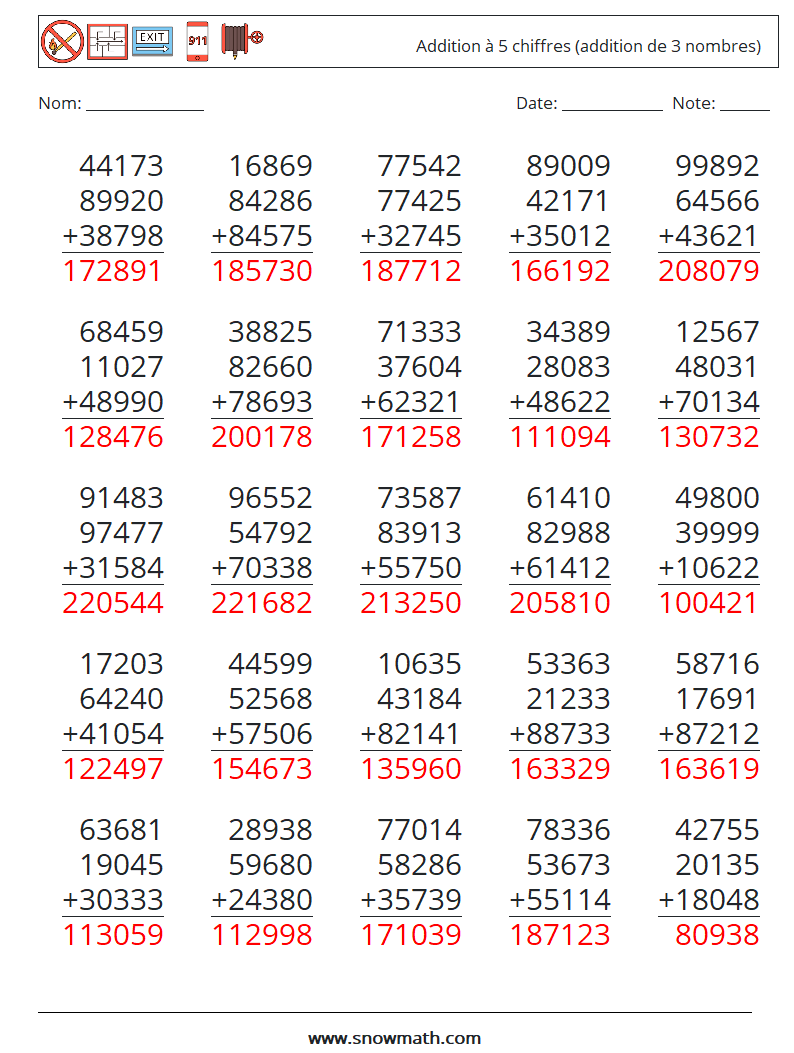 (25) Addition à 5 chiffres (addition de 3 nombres) Fiches d'Exercices de Mathématiques 6 Question, Réponse