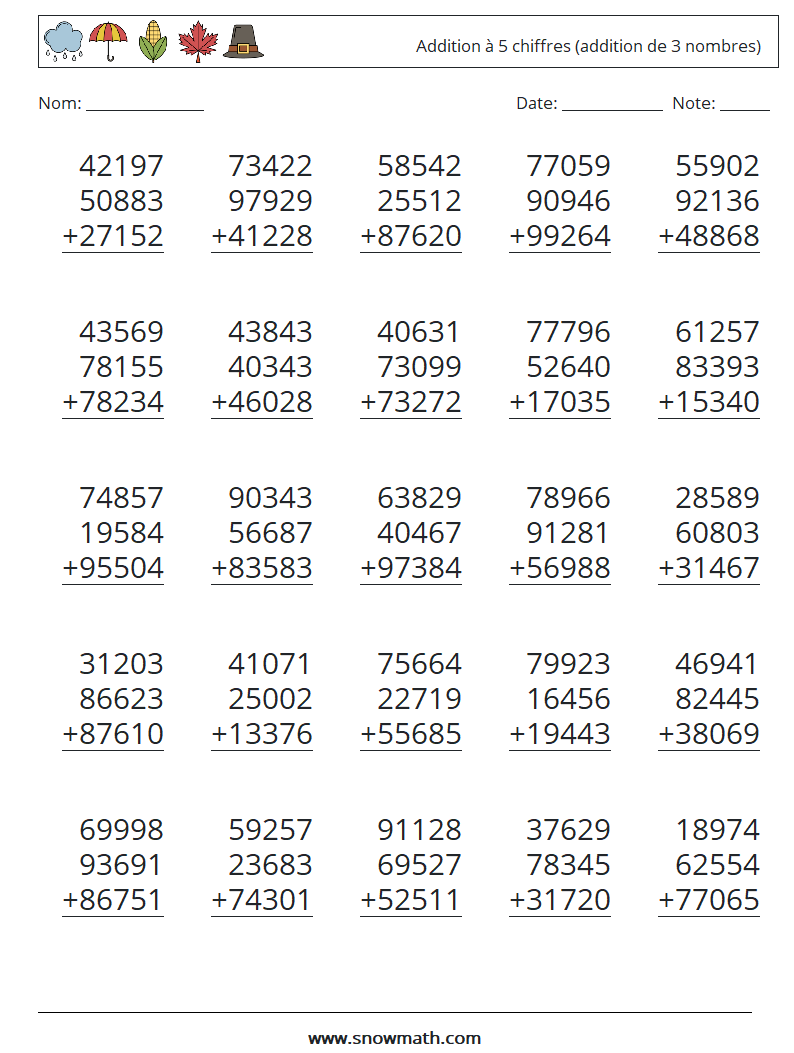 (25) Addition à 5 chiffres (addition de 3 nombres) Fiches d'Exercices de Mathématiques 7