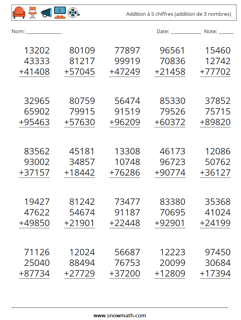(25) Addition à 5 chiffres (addition de 3 nombres) Fiches d'Exercices de Mathématiques 8