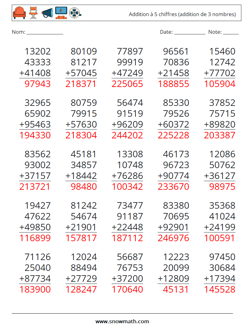 (25) Addition à 5 chiffres (addition de 3 nombres) Fiches d'Exercices de Mathématiques 8 Question, Réponse