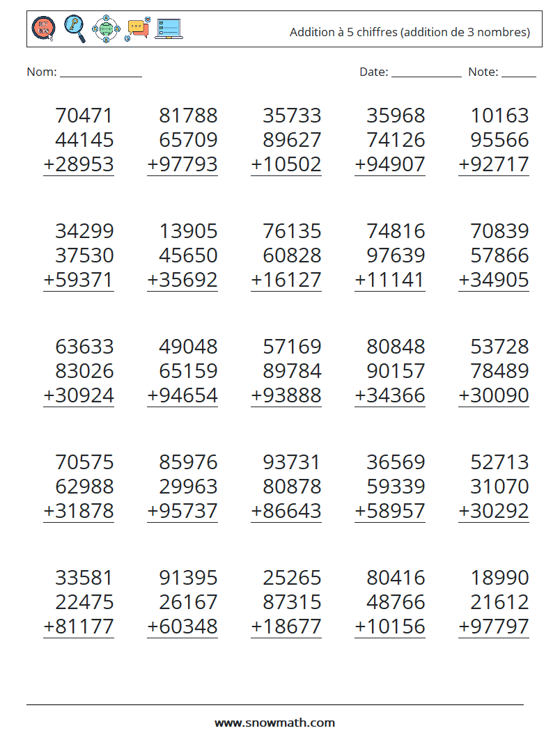 (25) Addition à 5 chiffres (addition de 3 nombres) Fiches d'Exercices de Mathématiques 9