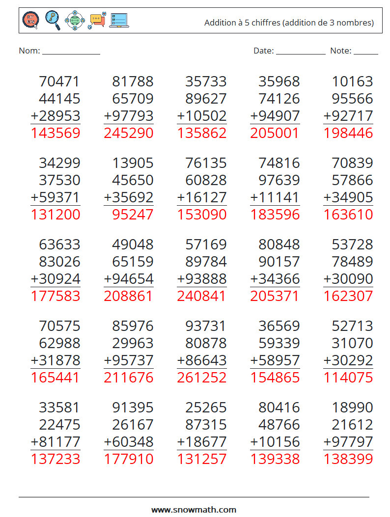 (25) Addition à 5 chiffres (addition de 3 nombres) Fiches d'Exercices de Mathématiques 9 Question, Réponse