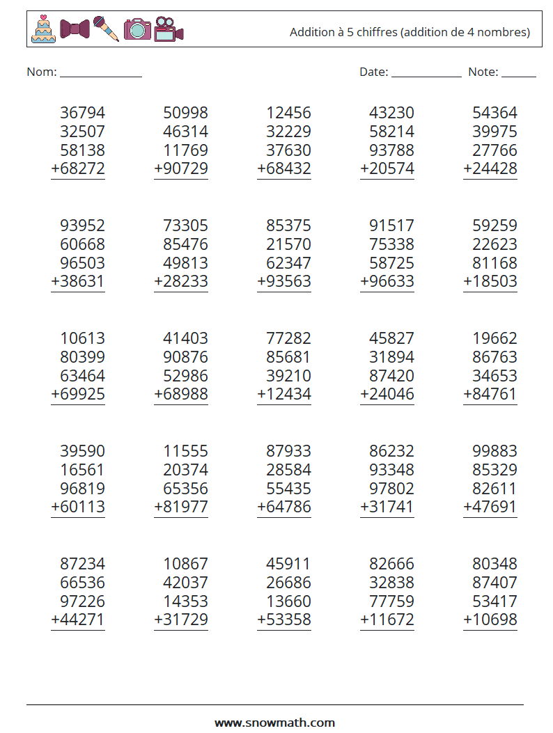 (25) Addition à 5 chiffres (addition de 4 nombres) Fiches d'Exercices de Mathématiques 1